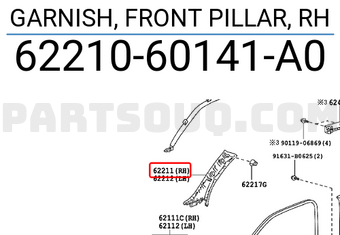 Toyota 6221060141A0 EMBELLECEDOR DEL PILAR DELANTERO DERECHO