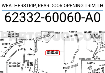 Toyota 6233260060A0 WEATHERSTRIP, REAR DOOR OPENING TRIM, LH