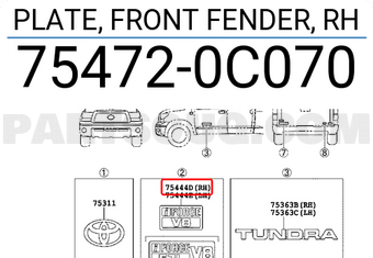 Toyota 754720C070 PLATE, FRONT FENDER, RH