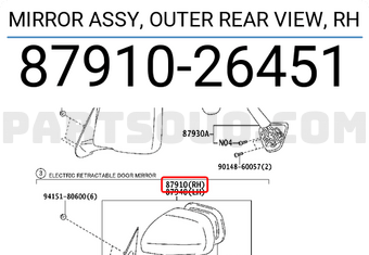 Toyota 8791026451 MIRROR ASSY, OUTER REAR VIEW, RH