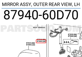 Toyota 8794060D70 MIRROR ASSY, OUTER REAR VIEW, LH