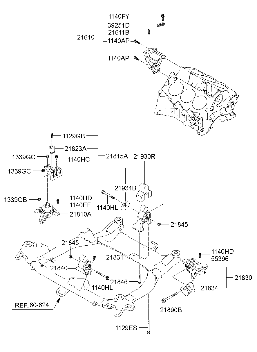 Kia K7 08 Vg SEDAN-4DR 5P 2700 CC-MU DOHC-MPI Gasoline-Unleaded AUTO-6 Speed 2WD 2010 — 20-216C:Engine & Transaxle Mounting[2700 CC - Mu ]