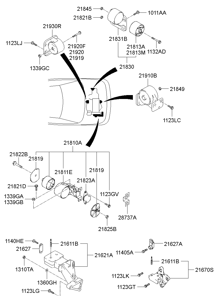 Hyundai 베르나 00 4 Dr Sedan Middle Grade 1300 CC MPI-SOHC 5 Speed MT 2WD 1999 — 20-216:Engine & Transaxle Mounting